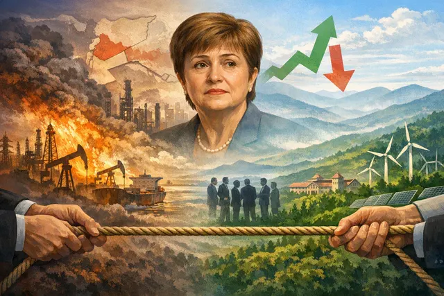 Editorial illustration of Kristalina Georgieva and the global economy caught between an oil shock and an AI investment boom