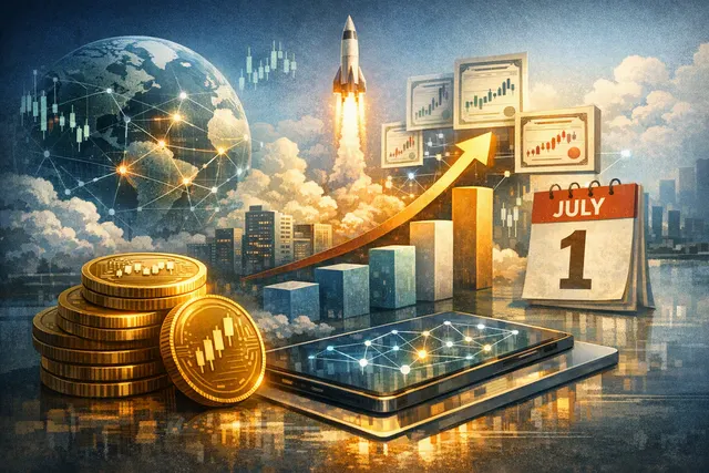 Editorial illustration of Robinhood Chain connecting tokenized stocks, Uniswap liquidity, and blockchain growth metrics