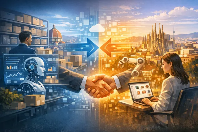 Abstract visual representing the merger of e-commerce catalog data systems and AI-powered product discovery technology