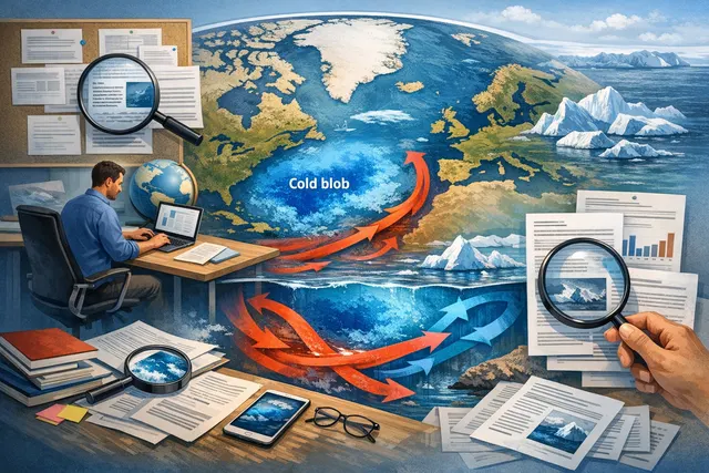 A conceptual visualization of the North Atlantic Ocean with a highlighted cold region south of Greenland, representing the 'cold blob'.