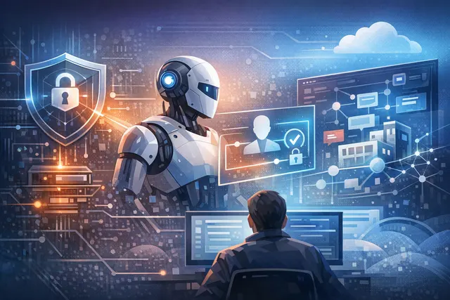 Abstract visualization of Silverfort identity security controls being embedded directly into the execution path of a Microsoft Copilot Studio AI agent, represented by interconnecte