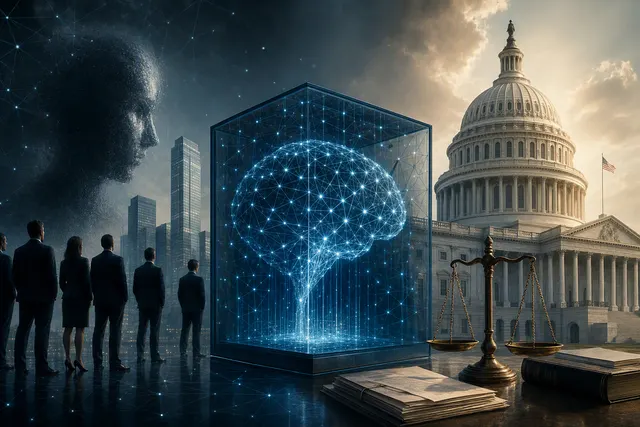 Editorial illustration representing frontier AI, corporate liability, and government oversight