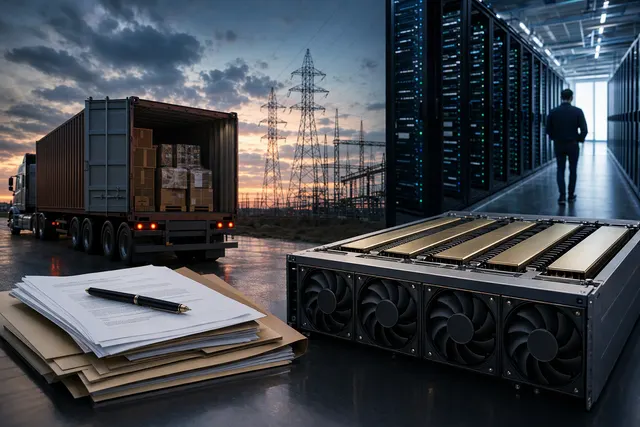 Illustration of AI server racks awaiting deployment, representing AWS’s reported Nvidia GB300 hardware staging and power constraints.
