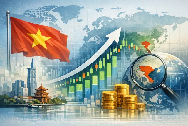 Editorial illustration of Vietnam’s stock-market upgrade from frontier to secondary emerging-market status under FTSE Russell