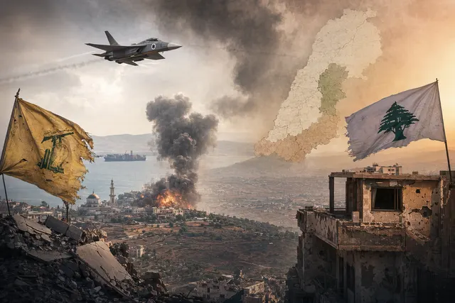 Smoke rising over a border landscape illustrating the fragile Israel-Hezbollah ceasefire in Lebanon.