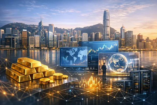 Illustration of a digital gold-trading and clearing platform representing HKGXTS in Hong Kong