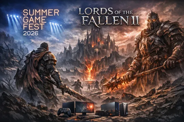 Promotional key art for Lords of the Fallen II featuring a dark fantasy warrior in ornate armor against a fiery backdrop, representing the sequel's darker tone and simultaneous 202