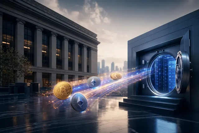 Illustration of Bitcoin and Ethereum transfers moving between institutional wallets and Coinbase