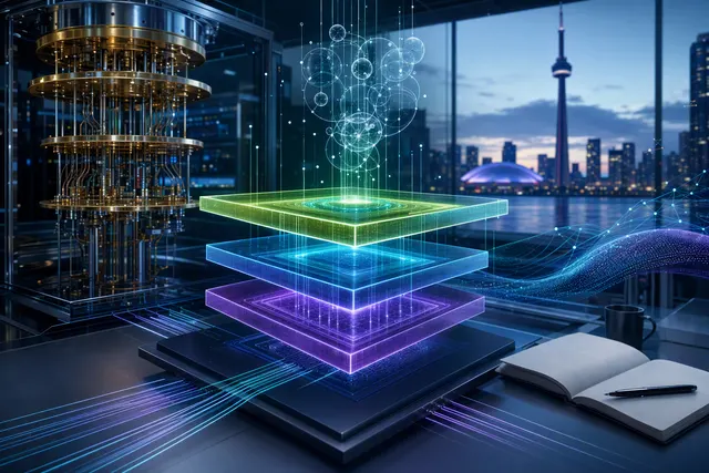 Abstract editorial illustration of quantum computing and interconnected accelerated computing systems