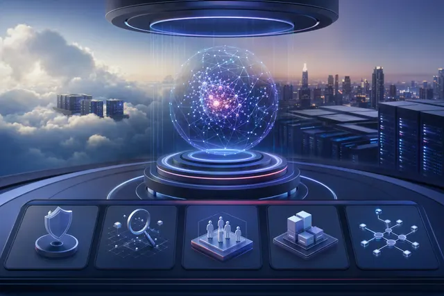 Editorial illustration representing governed enterprise AI infrastructure and hybrid-cloud operations