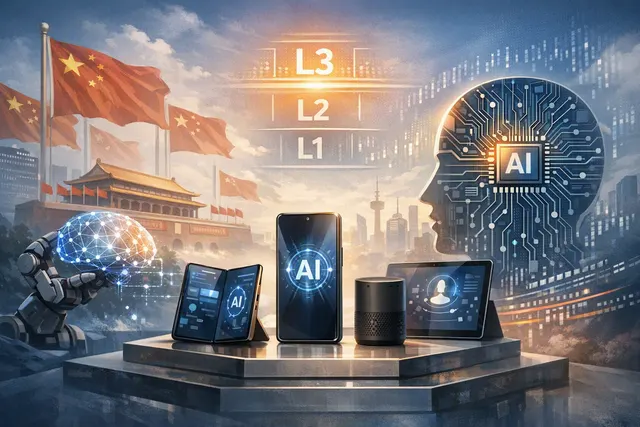 Illustration of an AI agent phone coordinating apps, tools and user approvals under China’s L3 terminal intelligence framework