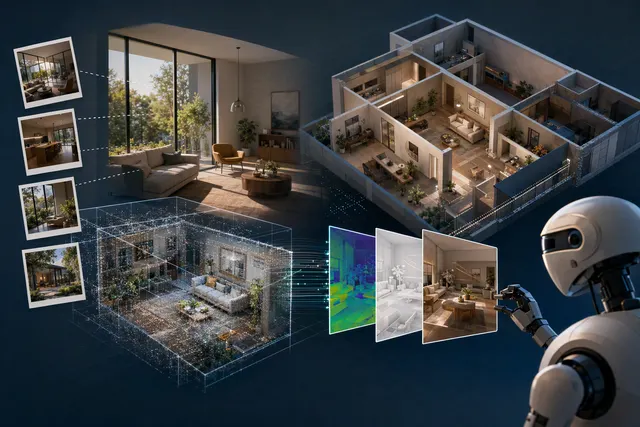 Illustration of a photographed room represented as an interactive 3D environment for robot simulation
