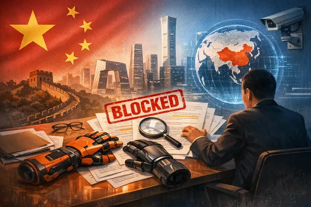 Conceptual image representing China blocking Meta's acquisition of AI startup Manus, with flags, circuit patterns, and dollar signs