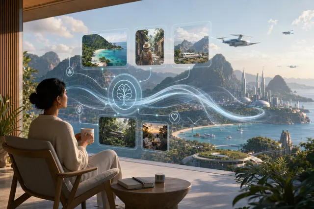Concept illustration of future travel with AI planning, connected transport hubs, and global tourism destinations