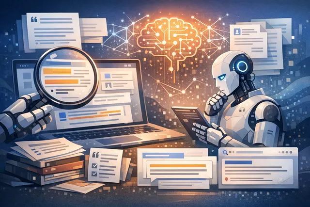 Digital illustration of a glowing AI search interface with cited source icons and web content being scanned for extraction