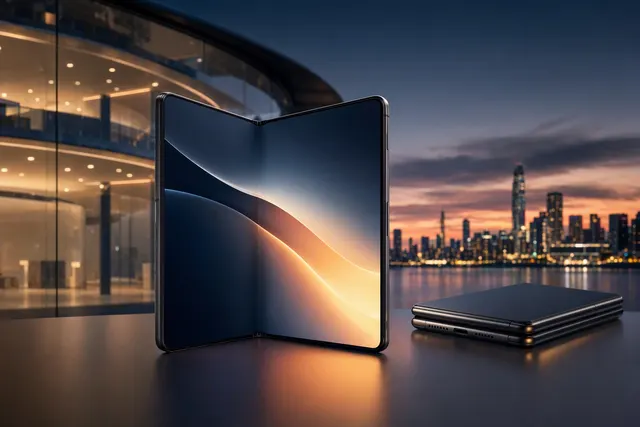 Editorial illustration of Apple’s iPhone Duo foldable smartphone