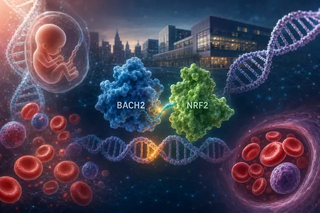 Conceptual illustration for an article about the BACH2–NRF2 pathway and fetal hemoglobin regulation