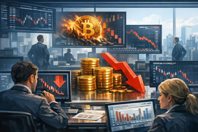 Editorial visual representing institutional Bitcoin ETF volatility, a turbulent market chart, and BlackRock's iShares Bitcoin Trust during the May 2026 sell-off