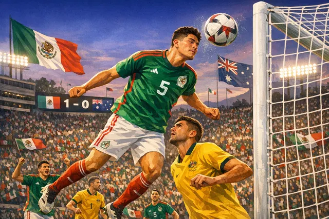 Johan Vásquez celebrating his headed goal for Mexico against Australia at a packed Rose Bowl during a World Cup friendly