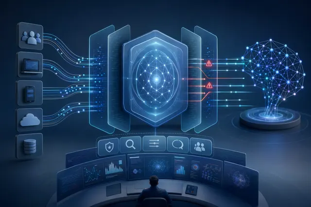 Conceptual illustration of an AI control layer monitoring and securing enterprise AI systems in real time