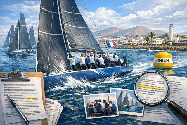 A competitive TP52 racing yacht with crew on deck during the 52 Super Series regatta in Lanzarote