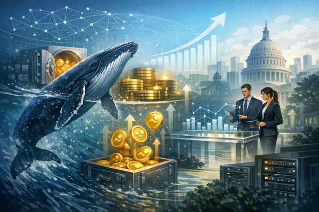 Abstract editorial illustration of whale wallets, staking flows and institutional accumulation surrounding Hyperliquid’s HYPE token