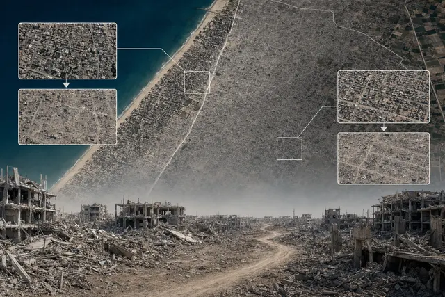 AI-generated editorial illustration evoking a satellite view of damaged urban areas; not an actual image of Gaza