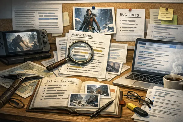 Rise of the Tomb Raider: 20 Year Celebration cover art featuring Lara Croft in a snowy mountain landscape with a bow, set against the game's Siberian wilderness.