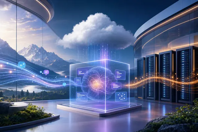 Illustration representing an AI agent running on cloud infrastructure, with data and controls inside an AWS environment