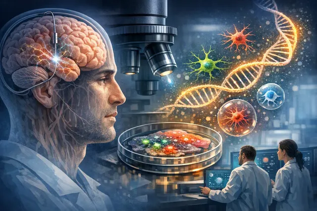Conceptual illustration of deep brain stimulation altering gene expression across different cell types in the human brain for treating cognitive decline