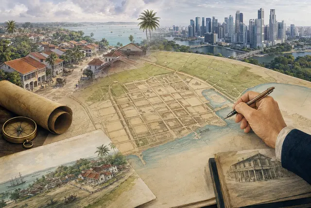 Editorial illustration for an article about the Jackson Plan and Singapore’s early town layout