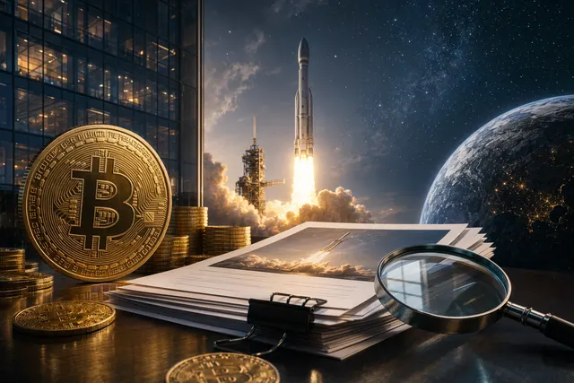 Illustration of SpaceX and Bitcoin representing the company’s disclosed crypto holdings ahead of its IPO