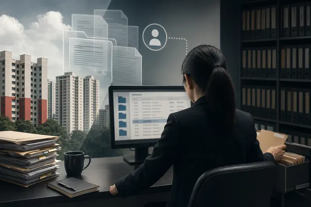 AI-generated editorial illustration accompanying a report on alleged unauthorised access to HDB housing records