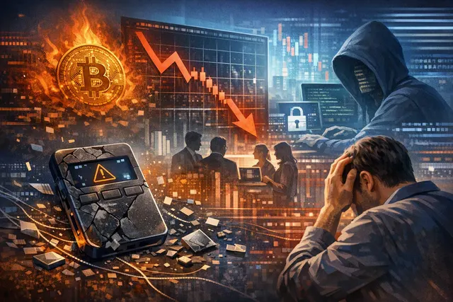 An illustration of a Coldcard hardware wallet with a crack running through it, Bitcoin symbols floating away, and glowing binary code in the background representing the 2026 firmwa