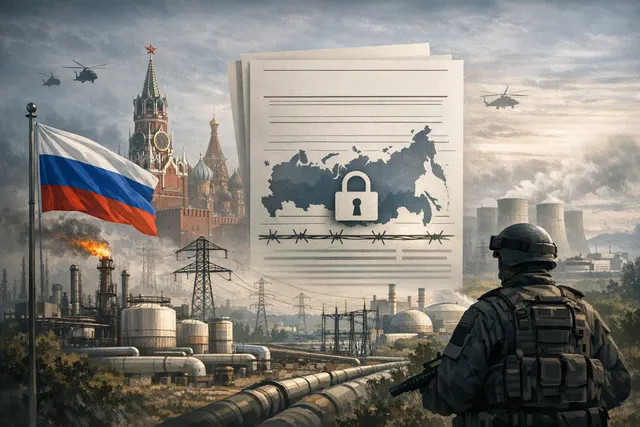 Editorial illustration of Russian state control over critical infrastructure amid drone attacks