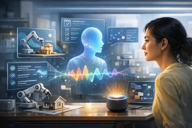 Abstract illustration of Gemini Live connecting voice commands to scheduled AI workflows across Google apps