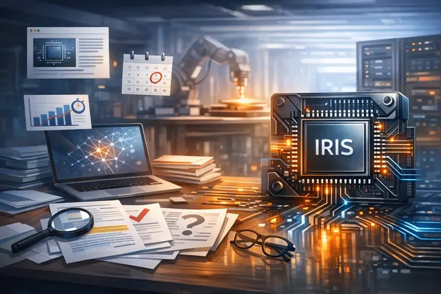 Abstract illustration of a data center with glowing server racks and a central chip icon, representing Meta's in-house AI chip Iris and massive infrastructure buildout.