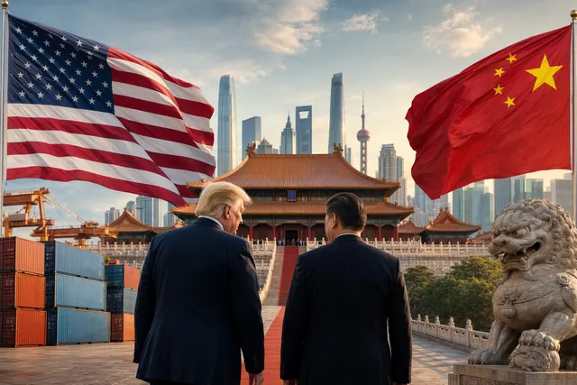 AI-generated editorial illustration representing Donald Trump’s May 2026 state visit to China