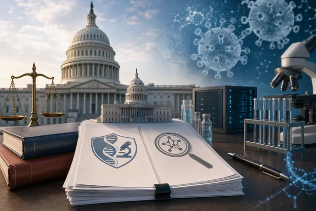 Editorial illustration representing U.S. AI policy and biological security