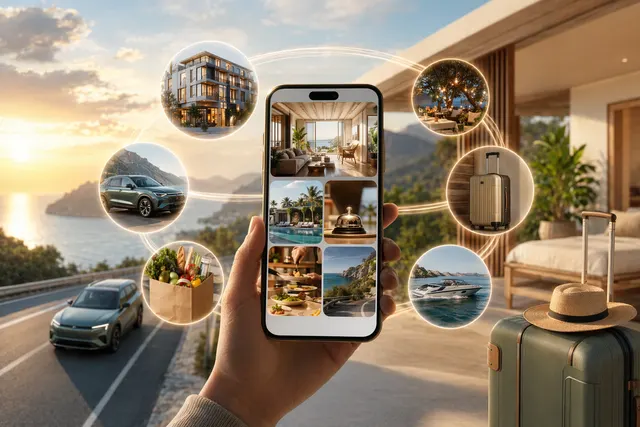 Illustration representing Airbnb evolving into a full travel ecosystem with hotels, transport, and services in one app
