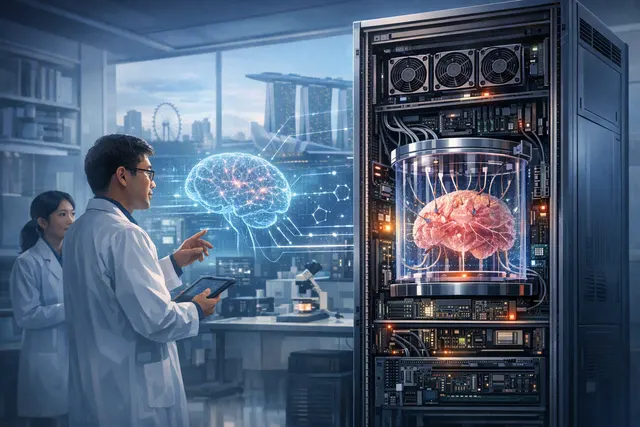 Editorial illustration of a Singapore data-center rack combining living human neurons with silicon computing hardware