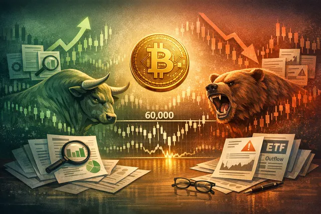 Bitcoin price chart showing support at $60,000 and resistance levels, illustrating the bull vs bear market bottom debate in 2026