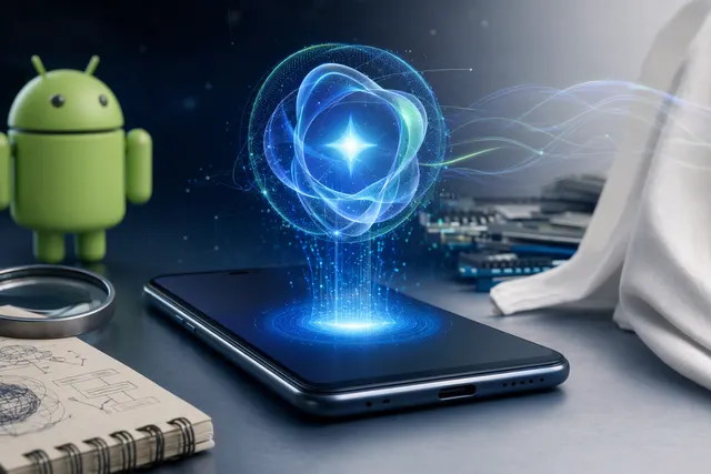 AI-generated illustration of a smartphone showing a Google-themed AI assistant concept for COSMO