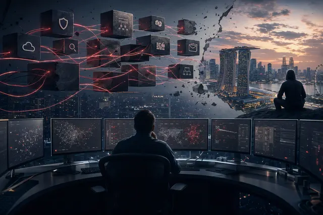 AI-generated editorial illustration for an article about cybersecurity visibility gaps in Singapore.