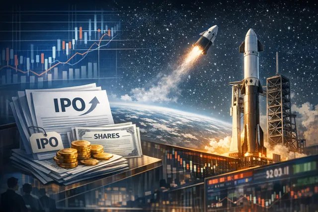 Artistic depiction of a SpaceX rocket launch plume morphing into a rising stock chart, representing the historic 2026 IPO.
