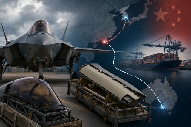 AI-generated editorial illustration for a report on F-35 parts diverted to Hong Kong