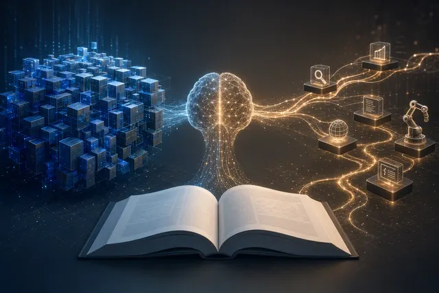Editorial illustration representing large-scale AI model architecture and inference compute