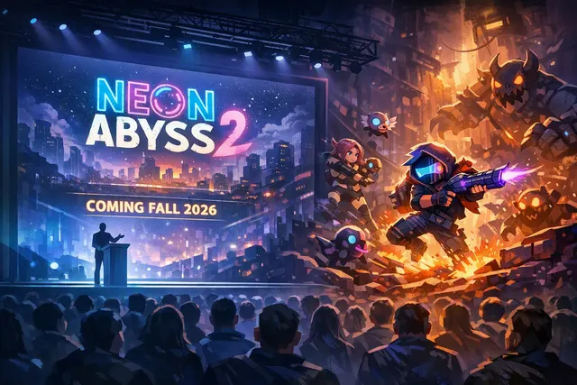 Neon Abyss 2 pixel-art roguelike heroes battling through a neon cyberpunk mythology world