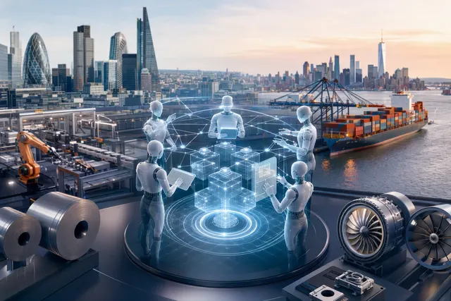 Illustration of AI agents supporting industrial procurement and supply-chain operations