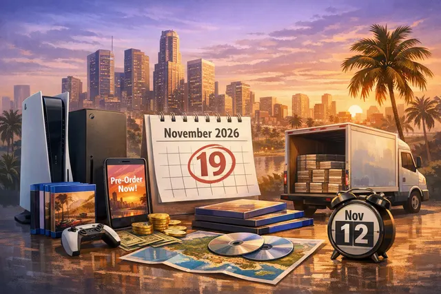 Editorial illustration representing Grand Theft Auto VI preorders, pricing, release details and the code-in-box physical edition